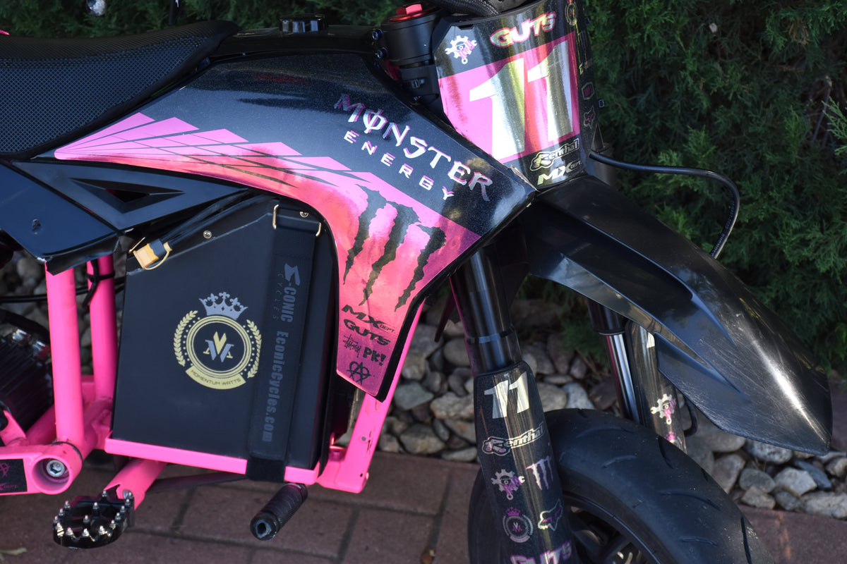 Ripped Monster graphics kit installed on a mini bike, side panel close-up