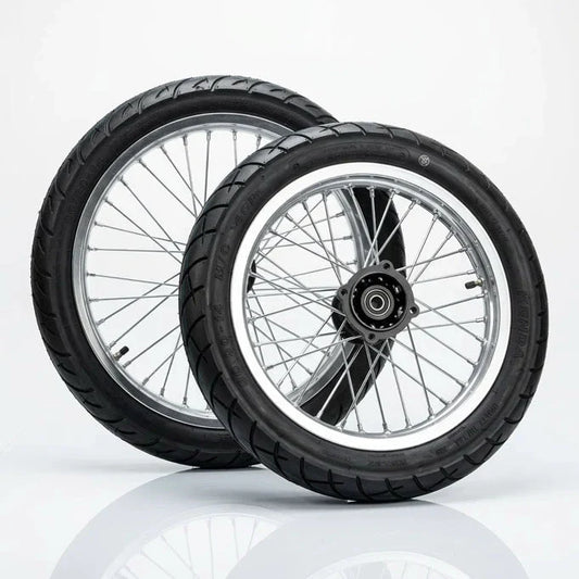Chrome 17/14 supermoto wheel and tire pair