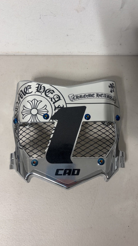 Silver chrome cross emblem titanium vented number plate