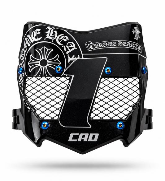 Batman style cross emblem titanium vented number plate in black